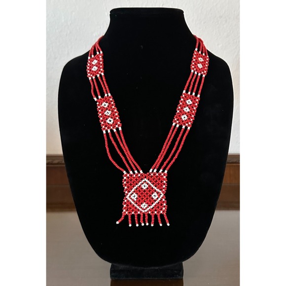 Native American 4 Strand Red Seed Art Beadwork Necklace Fringe Seed Beads 14'' - Picture 8 of 8